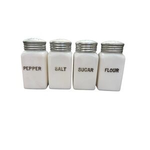 Vintage Milk Glass Shaker Set 4 Pc. 4.5" X 2" Original 1930S Original Metal Tops